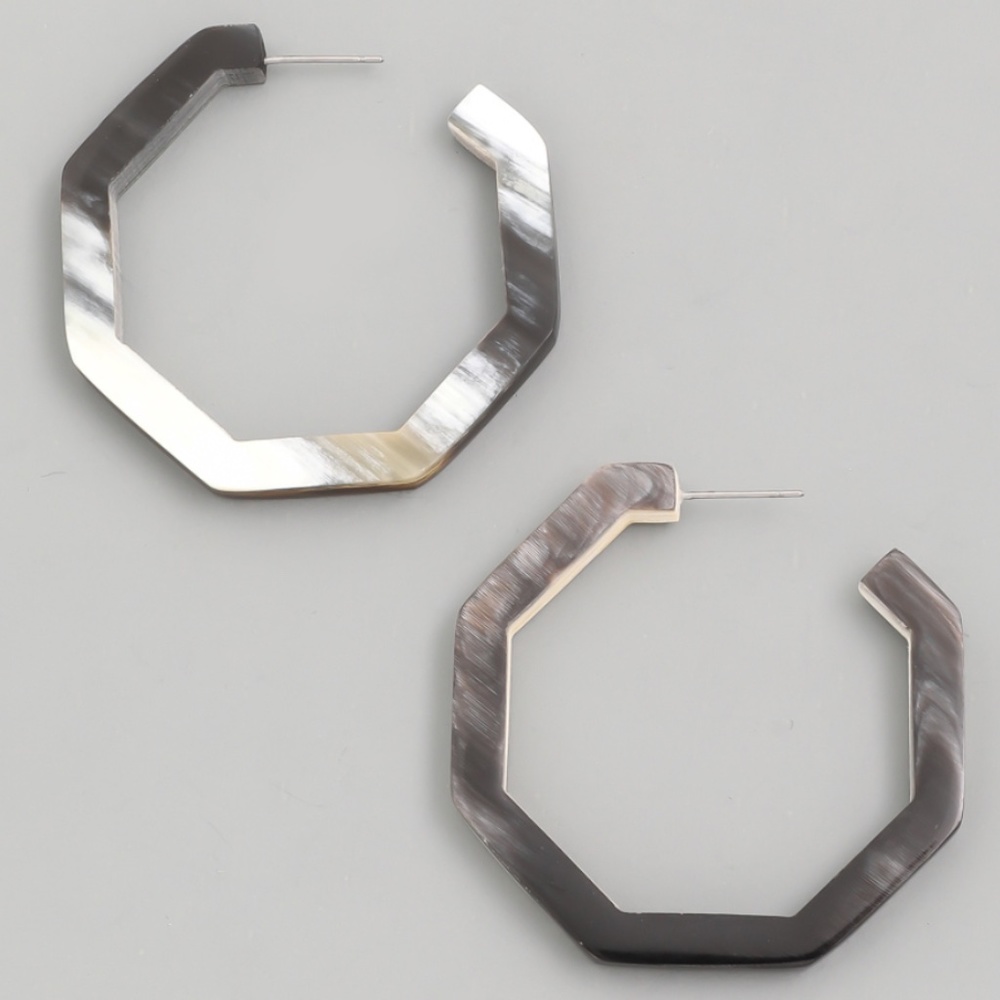 NWT - Hexagon Gray horn / resin hoop earrings